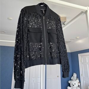 BCBG Maxazria Black Size Small Lace Zip Up Bomber Jacket Knit Cuff / Waist Band